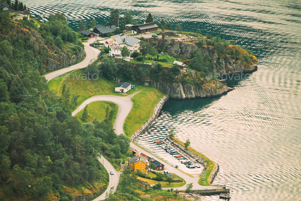 Aurland, Aurlandsvangen, Norway. Aurlandsvangen Seen From Stegas - Stock Photo - Images