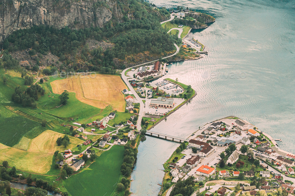 Aurland, Aurlandsvangen, Norway. Aurlandsvangen Seen From Stegas - Stock Photo - Images
