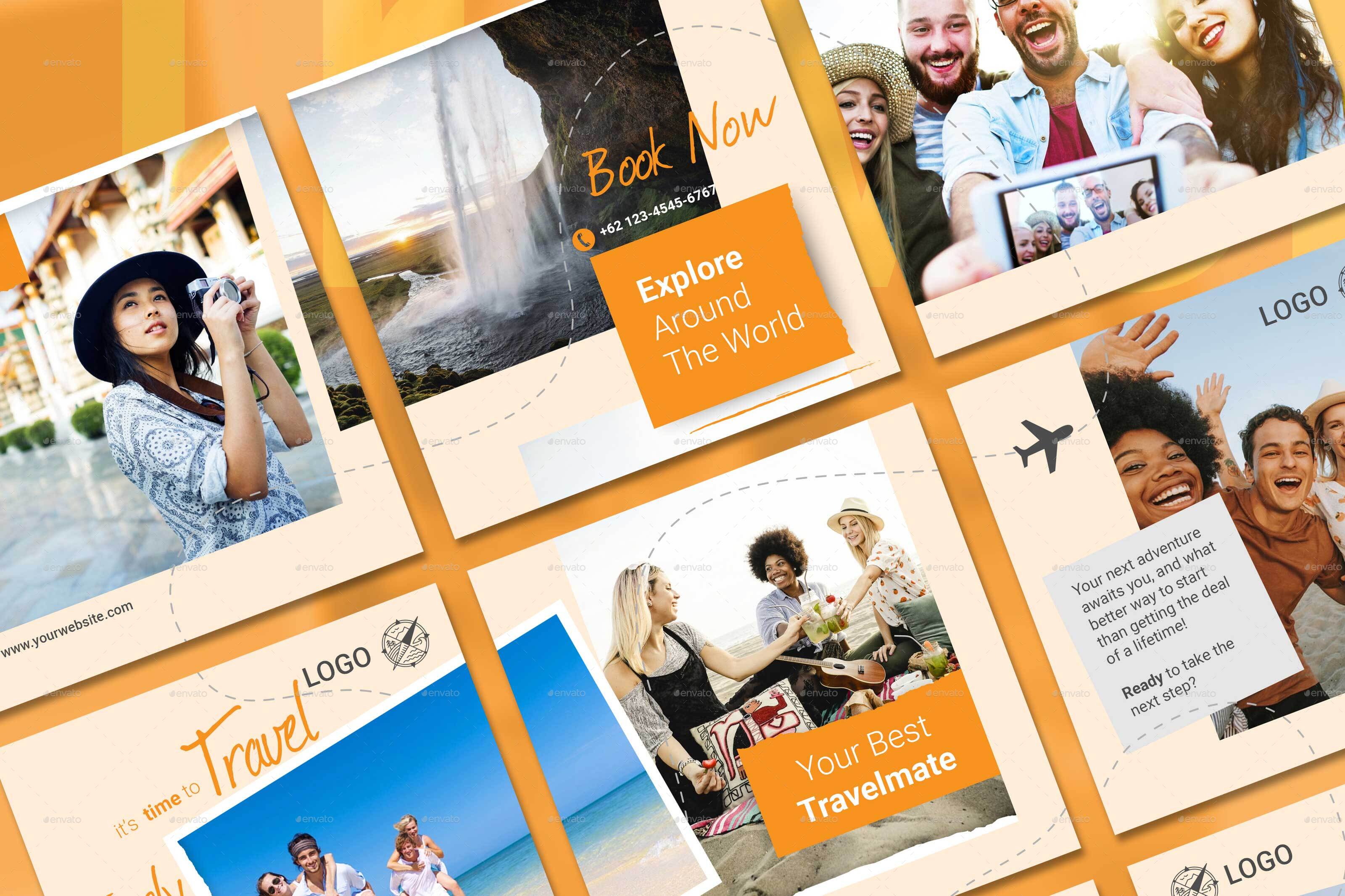 Travel Social Media Post Template with Orange Color Theme, Web Elements