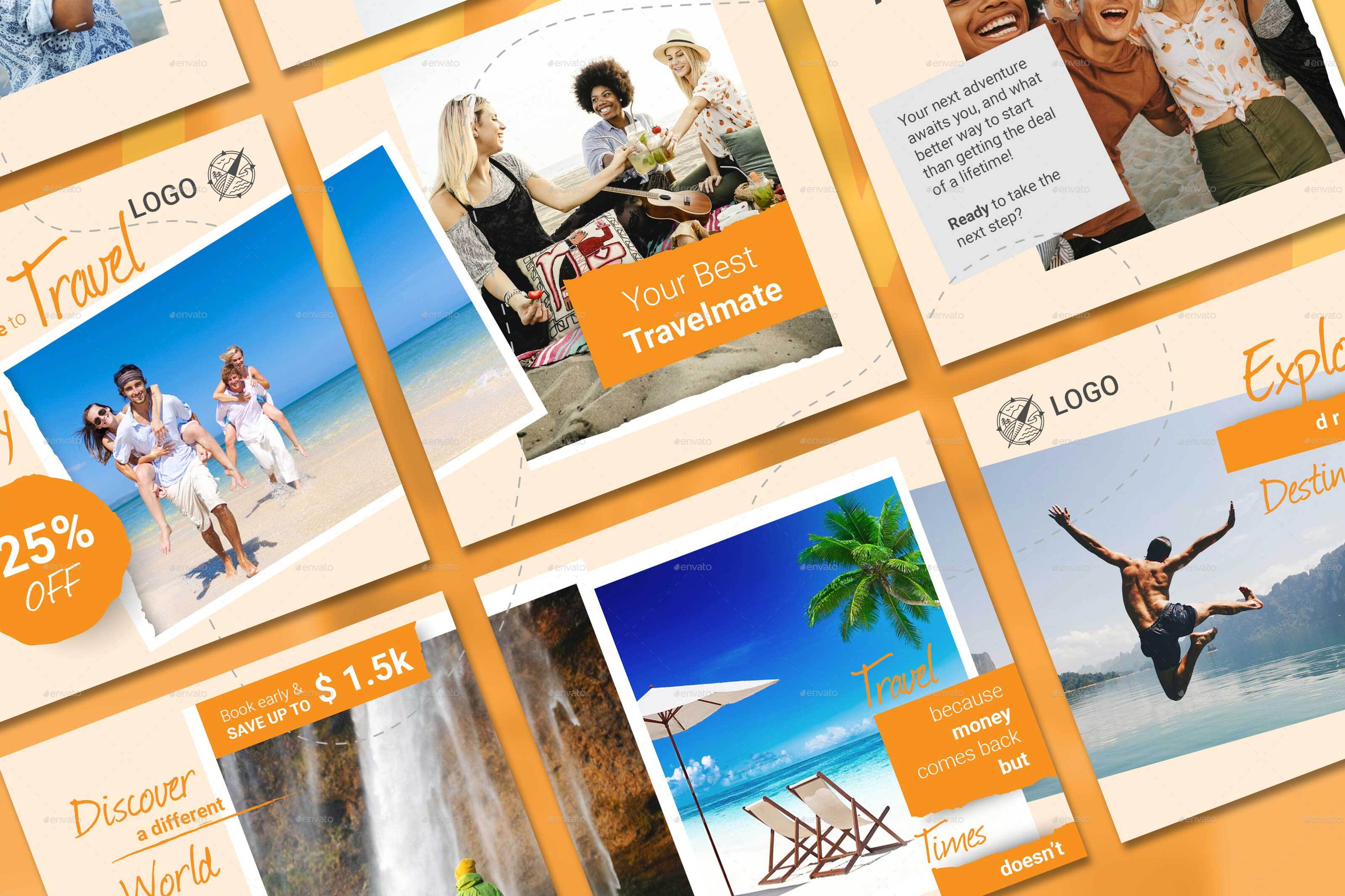 Travel Social Media Post Template with Orange Color Theme, Web Elements