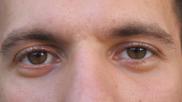 Detail View Brown Eyes of Guy Staring and Blinking with a Tired Sight alt