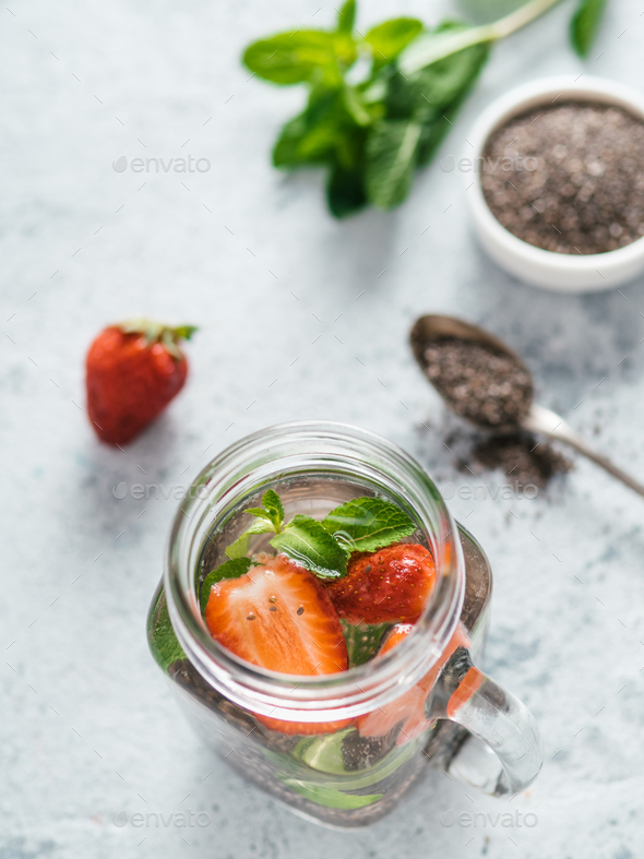 strawberry and mint chia water in mason jar - Stock Photo - Images
