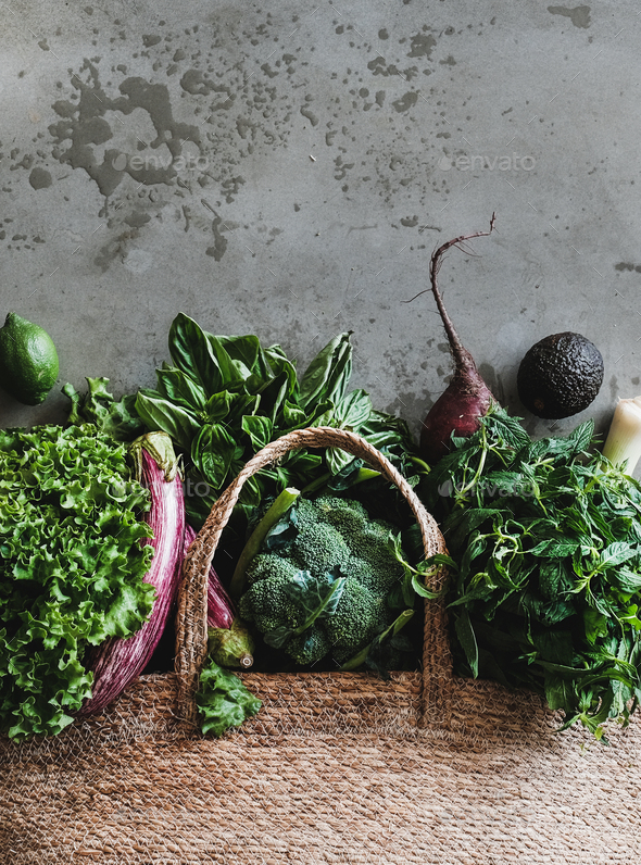 Shopping bag with healthy fresh organic vegetables, greens from market - Stock Photo - Images