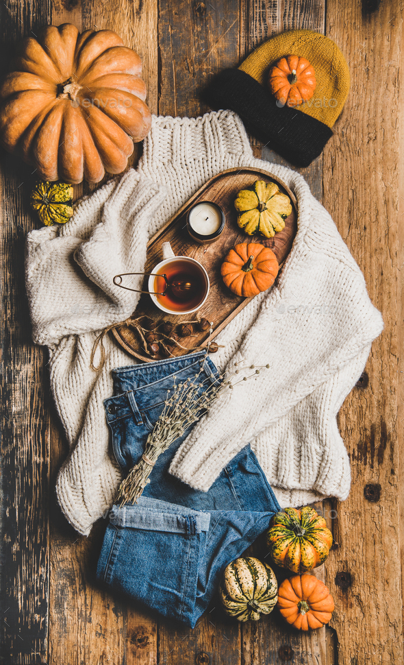 Download Flat Lay Of Fall Trendy Women Apparel Layout Over Rustic Background Stock Photo By Sonyakamoz