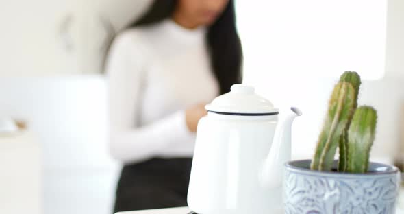 Woman using mobile phone in living room alt