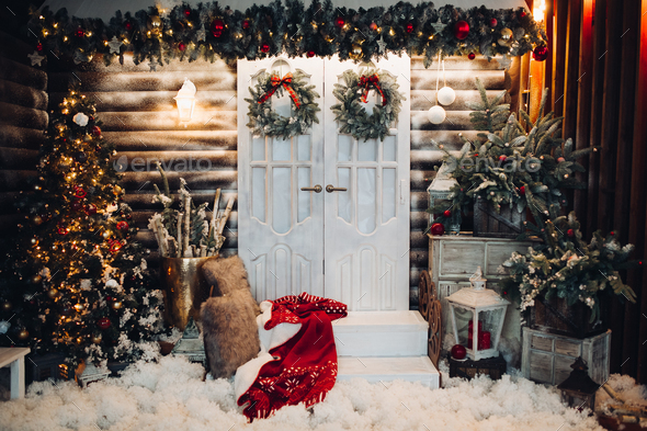 Decorated studio for Christmas holiday with doors in center - Stock Photo - Images