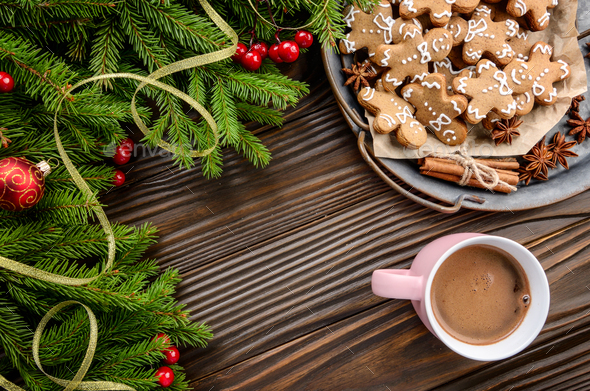 Flat lay Christmas background of pink mug with hot chocolate, sp - Stock Photo - Images