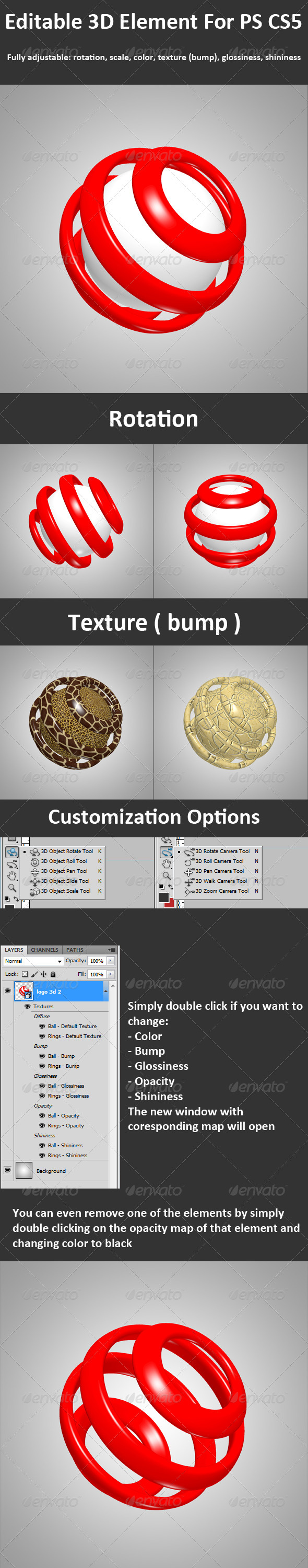 3D Element ( Layer ) For PS CS5, Full 3d Options - Objects 3D Renders