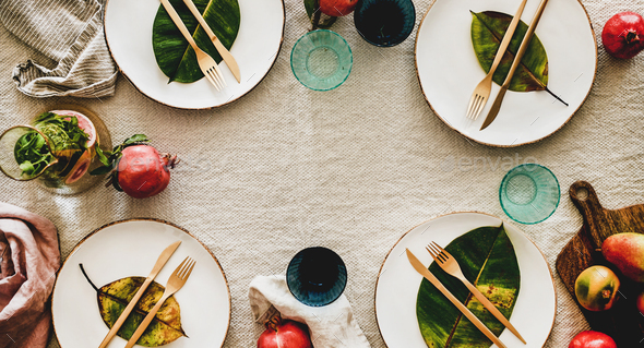 Autumn table styling or setting for holiday celebration, wide composition - Stock Photo - Images