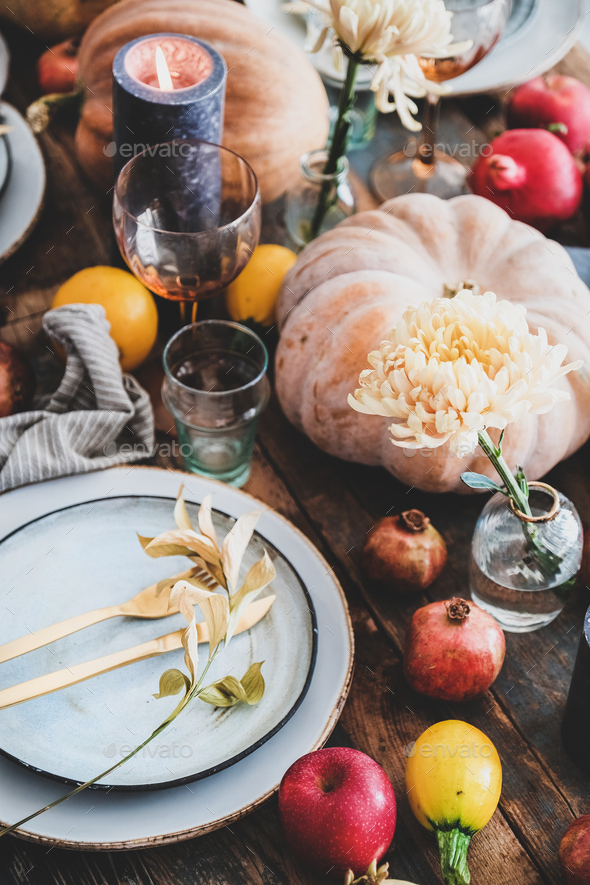 Fall table setting for Thanksgiving day party, close-up Stock Photo by ...