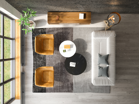 Interior of modern living room top view 3D rendering Stock Photo by hemul75