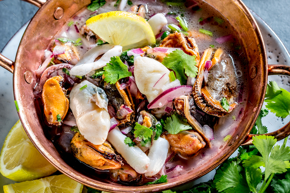 Peruvian Latin American seafood shellfish ceviche cebiche. - Stock Photo - Images