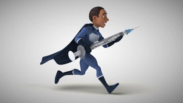 Fun 3D cartoon superhero running with a syringe alt