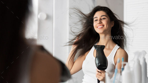 Young Woman Drying Hair Making Hairstyle Standing In Bathroom, Panorama - Stock Photo - Images