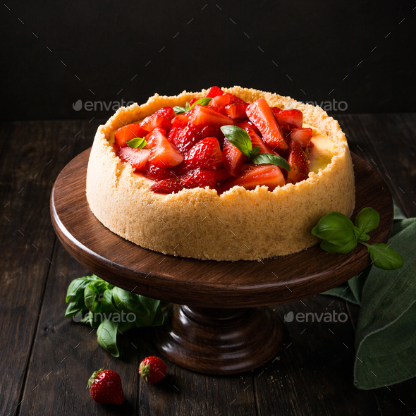 Strawberry cheesecake with basil - Stock Photo - Images