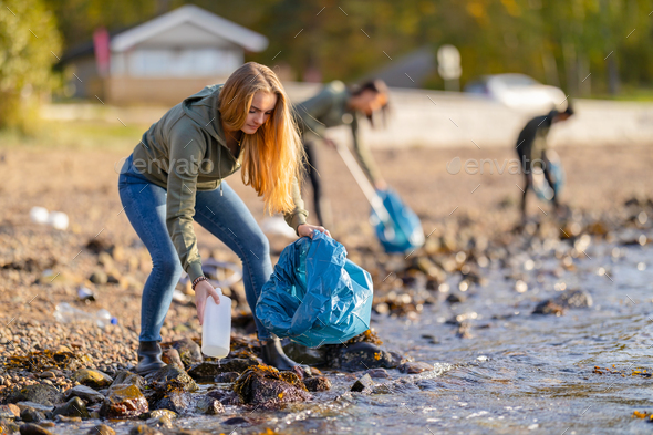 Young volunteers cleaning beach on sunny day - Stock Photo - Images