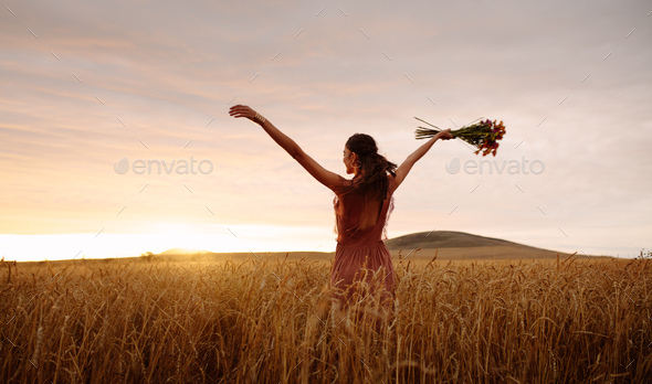 nature; free; freedom; farm; woman; relaxation; strolling; dreamy; sunset; backlit; summer - Stock Photo - Images