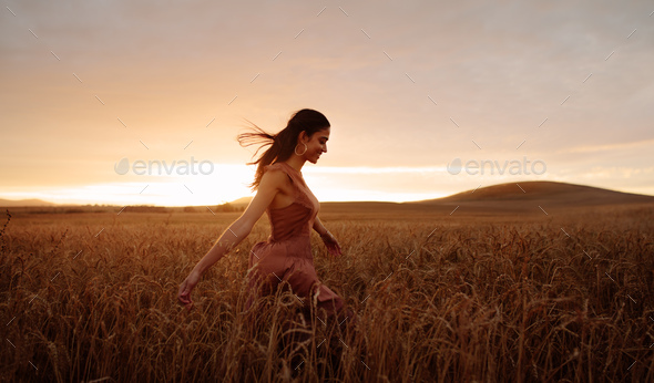 Carefree female strolling in the wheat field - Stock Photo - Images