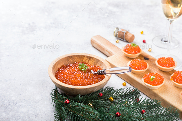 Christmas and New Year holidays composition. Red Salmon Caviar - Stock Photo - Images