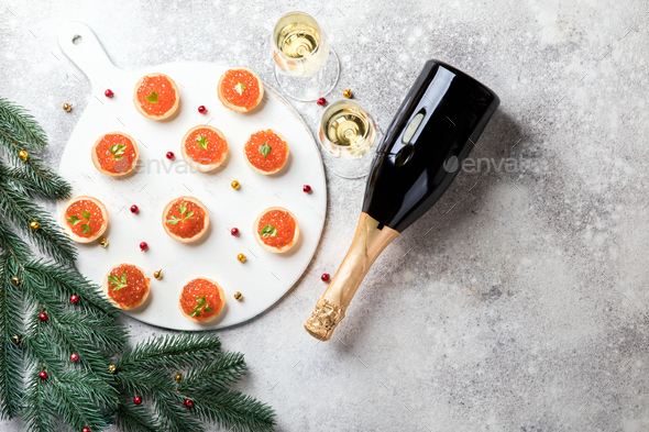 Christmas and New Year holidays composition. Red Salmon Caviar - Stock Photo - Images