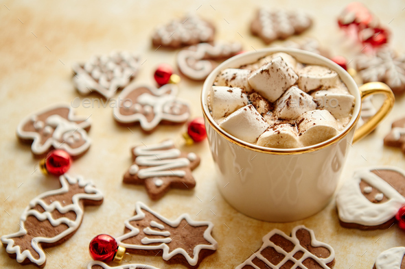 Cup of hot chocolate and Christmas shaped gingerbread cookies - Stock Photo - Images