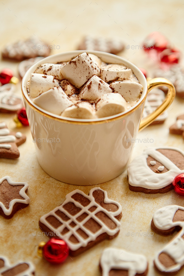 Cup of hot chocolate and Christmas shaped gingerbread cookies - Stock Photo - Images