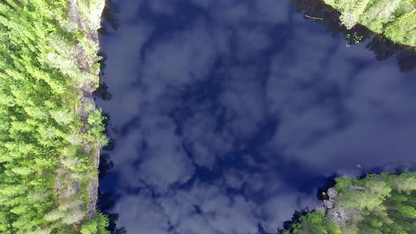 Drone footage of a stunningly beautiful forest lake with mirror surface in boreal wilderness. Camera alt