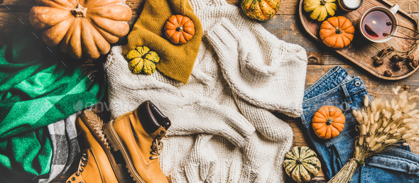 Flat-lay of fall trendy women outfit layout, wide composition - Stock Photo - Images