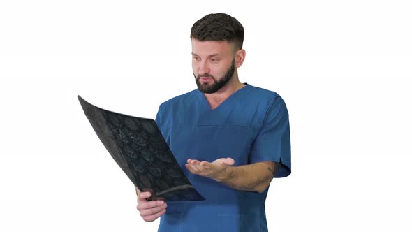 Medical Scientist Surprised Looking at Mri Brain Image on White Background. alt