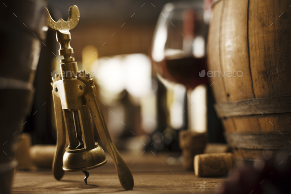 Wine tasting in the cellar and vintage corkscrew - Stock Photo - Images