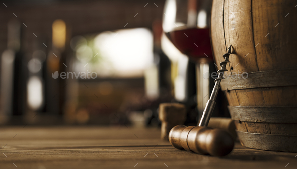 Wine tasting in the cellar and vintage corkscrew - Stock Photo - Images