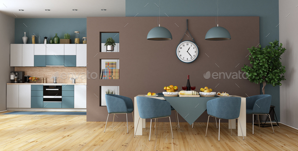Modern dining room with kitchen on background Stock Photo by archideaphoto