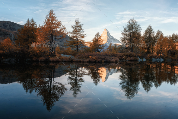 Incredible colorful sunset on Grindjisee lake - Stock Photo - Images