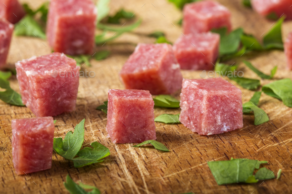 small cubes of smoked italian salami