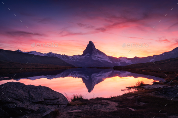 Matterhorn peak on Stellisee lake - Stock Photo - Images