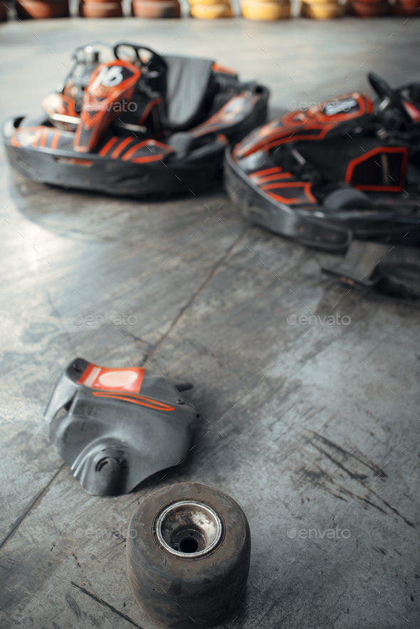 Go kart cars and damaged tires, crash, karting - Stock Photo - Images