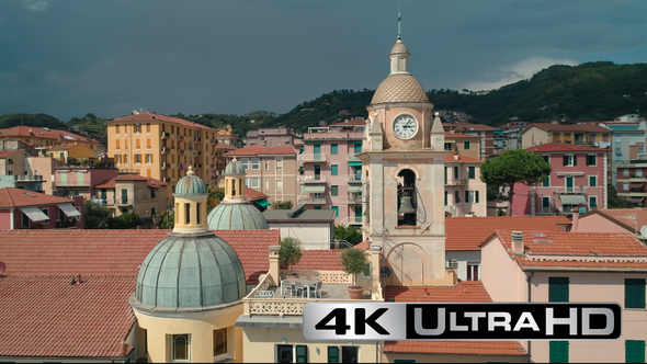 Aerial View of Church and Beach in San Torenzo, Liguria, Italy alt