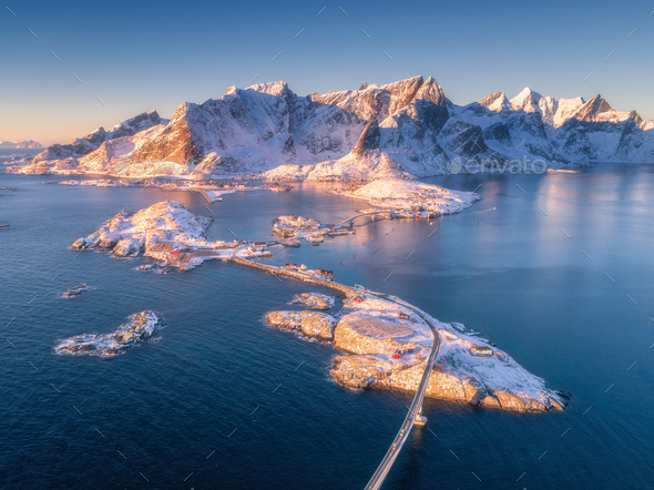 Aerial view of small islands, bridge over the sea and mountains - Stock Photo - Images