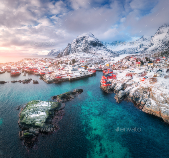 Aerial view of small village on the mountain in winter - Stock Photo - Images