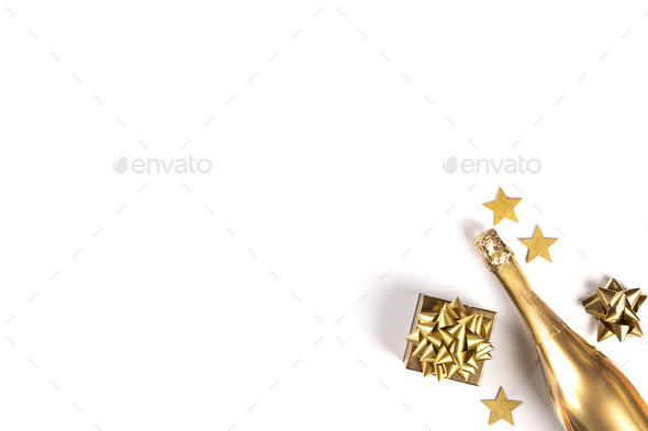 Decorated Bottle of Golden Champagne.Symbol of Christmas and New - Stock Photo - Images
