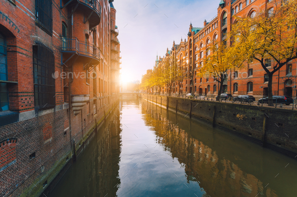 Speicherstadt warehouse district in Hamburg, Germany. Autumn season weather. Old brick buildings - Stock Photo - Images