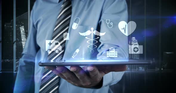 Businessman touching virtual digital interface icon on digital tablet alt