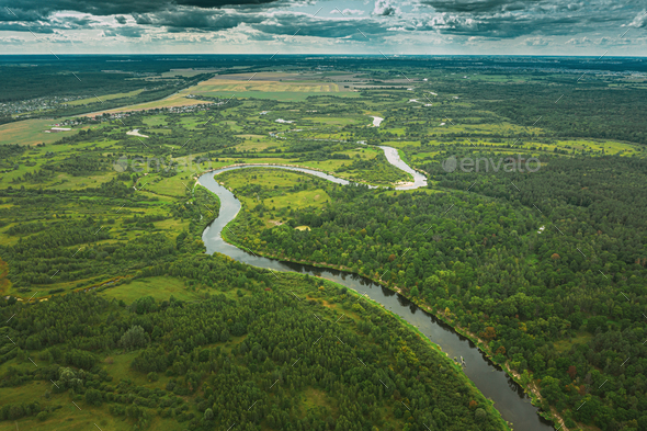 Aerial View Green Forest Woods And River Landscape In Summer Eve - Stock Photo - Images