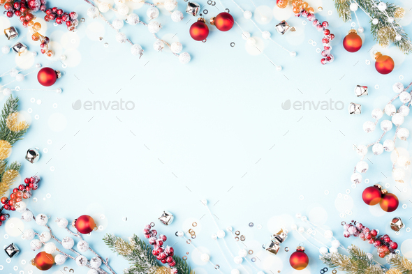 Christmas Frame with Red Baubles, Fir Branches and Decorations. - Stock Photo - Images