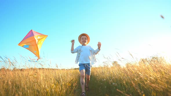 Fast Little Boy Runs Across the Field with a Kite in His Hands Fluttering in Wind Over His Head alt