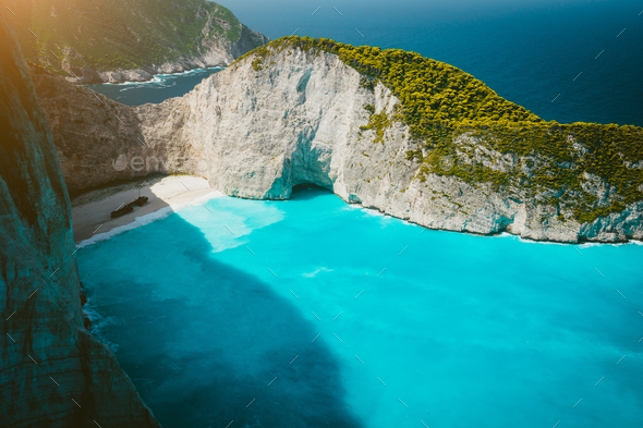 Navagio beach with Shipwreck on the beach with turquoise water. Famous landmark location of - Stock Photo - Images