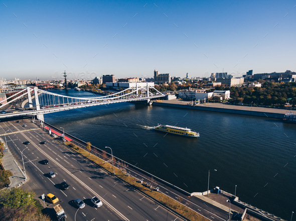 Aerial view of the Crimean (Krymsky) bridge on Moscow river in Moscow ...