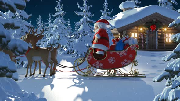 Santa Claus with Reindeer Goes on the Way from House of Santa