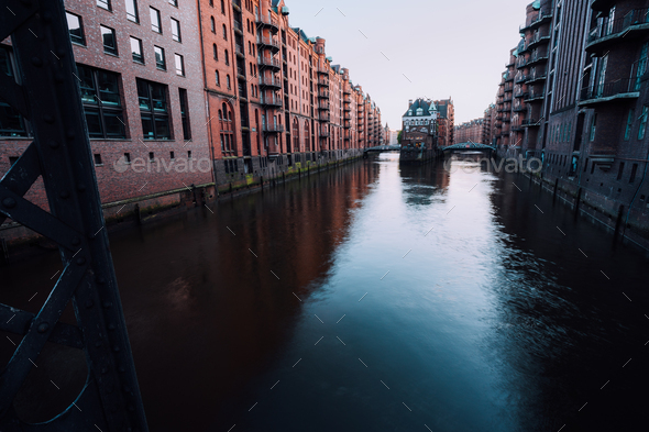 Water castle in old Speicherstadt or Warehouse district, Hamburg, Germany - Stock Photo - Images