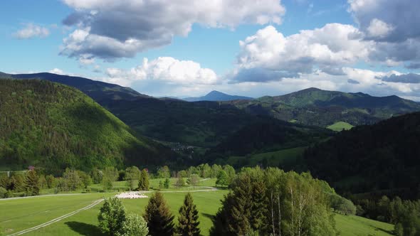 View From a Bird's Eye View Mountainous Landscapes of Forests and Green Meadows